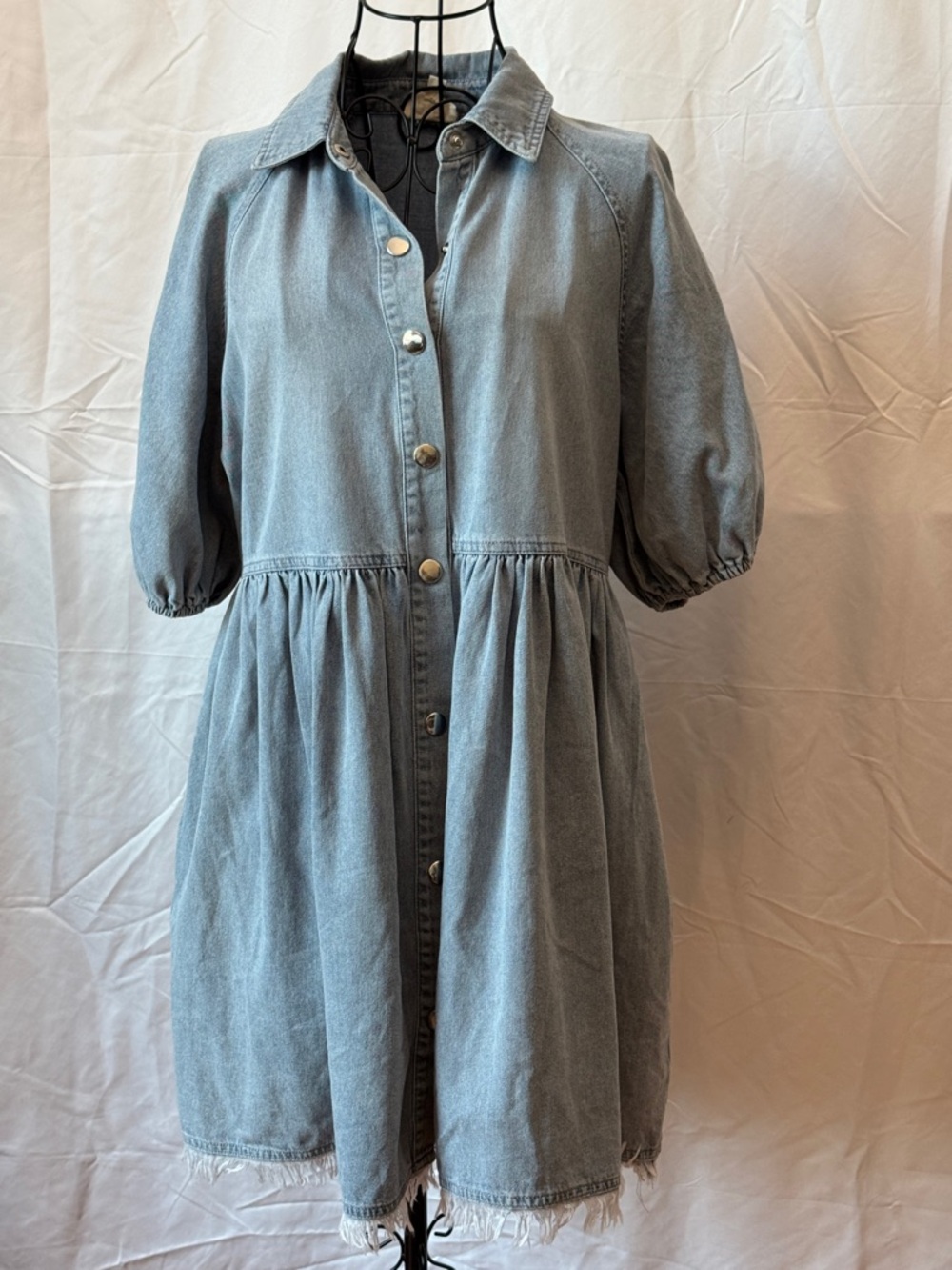 473 - BiBi Light Blue Denim Dress with Puff Sleeves NWOT